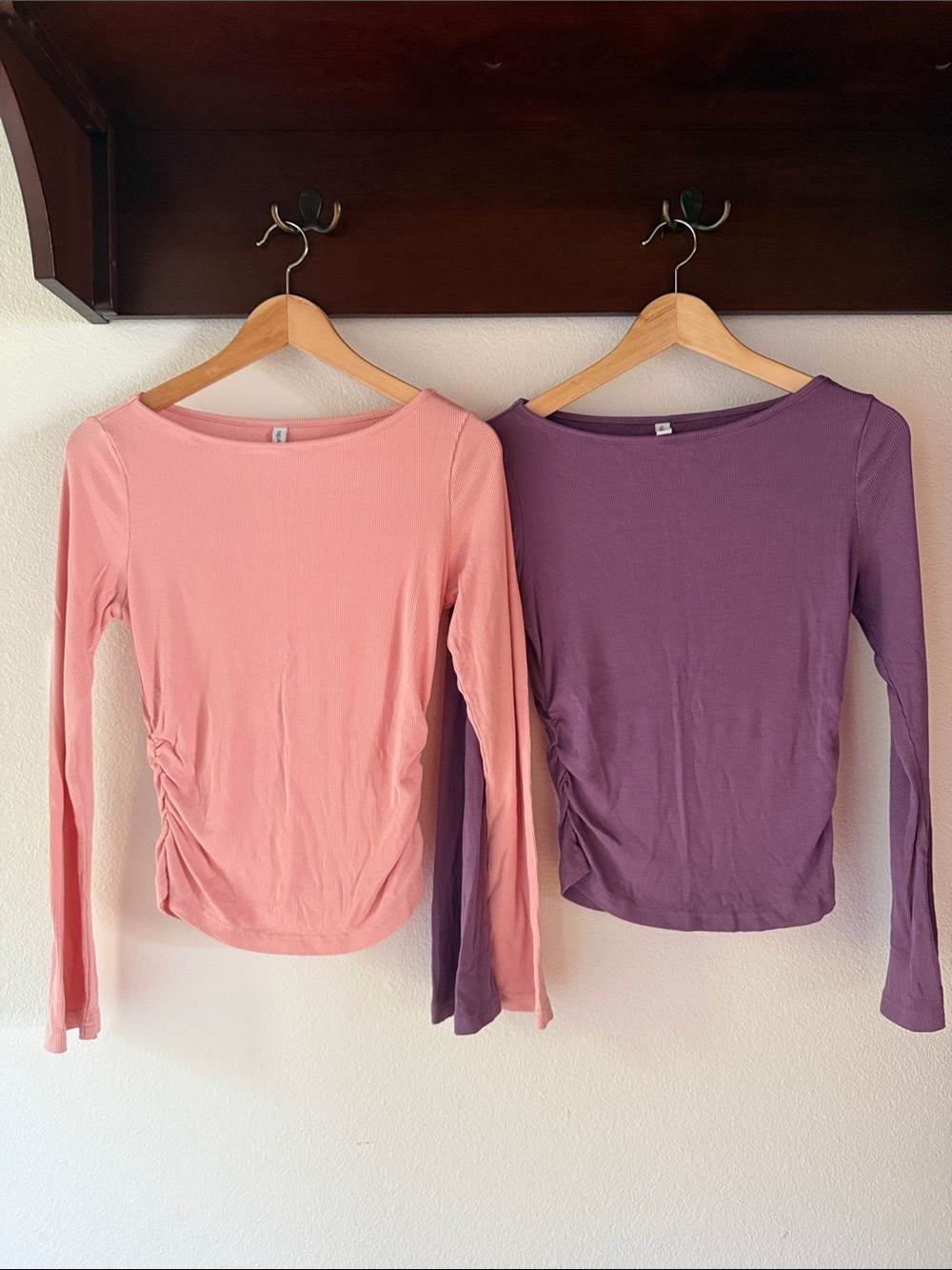 Pretty Garden Ribbed Long-Sleeve Side-Ruched Top - Pink and Purple 2pk